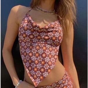 NEW Frankies Bikinis retro Indy‎ floral halter cowl swim top, S